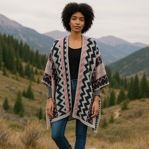 Marine Layer Aztec Knit Open Front Poncho Cardigan One Size Southwestern‎